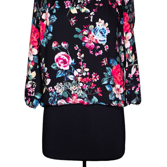 Express Women's Blouse Floral 3/4 Sleeve Keyhole Colorful Artsy Crop Top Small - Picture 6 of 10